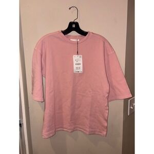 Zara Washed Effect Oversized T-Shirt Pink Crew Neck Short Sleeve Top Small NEW
